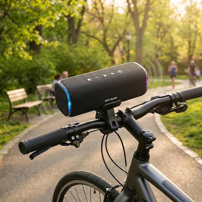 Bass Boosted Bluetooth Bike Speaker, IPX7 Waterproof Portable Wireless Outdoor Speaker, 25-Hour Playtime, LED Lights, TWS Pairing for Pool, Beach, Shower, Gifts (Black)