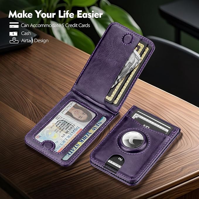 Compatible with Magsafe Case with RFID Blocking Card Holder AirTag pocket for iPhone 17/16/15/14/13/12 Pro/Pro Max/PlusSeries,Not Fit iPhone Mini,Purple