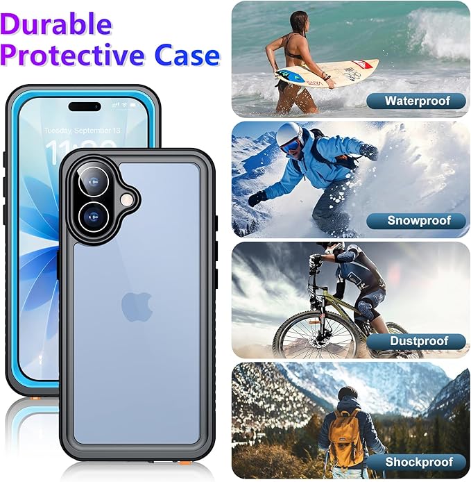 Temdan Compatible with iPhone 17 Case,Waterproof Built-in Screen & Camera Protector IP68 Underwater Full Body 17FT Military Dropproof Shockproof Phone Case 6.3"-Blue/Clear