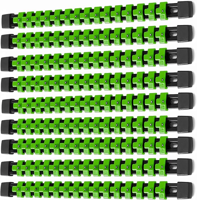 ALOANES 9PC ABS Socket Organizer, Socket Rails Fit 3/8 inch Drive, Heavy Duty Socket Holders Hold up to 135 Sockets, Black Rails with Green Clips