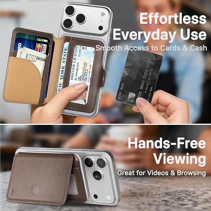 for MagSafe Wallet, Magnetic Phone Wallet RFID Blocking, Slim 5-8 Card Holder with Cash Slot & Clear ID Window, Minimalist Mag Safe Wallets for iPhone 17/16/15/14/13/12 Series, Mocha Brown