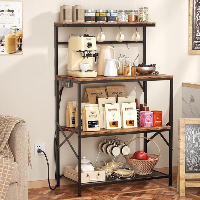 Bakers Racks for Kitchens with Power Outlets, Microwave Stand with 31.5 x 15.7 Inch Larger Desktop, Coffee Bar with Adjustable Middle Shelf, 8 S-Shaped Hooks, Rustic Brown