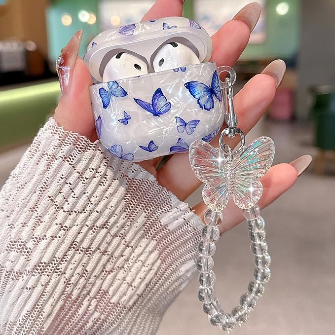 for Airpod 4 Case Cute White Marble Hard Protective Cover with Keychain Compatible with AirPods 4th Generation Case 2024 for Girls Women (Bluish-Purple Butterfly)