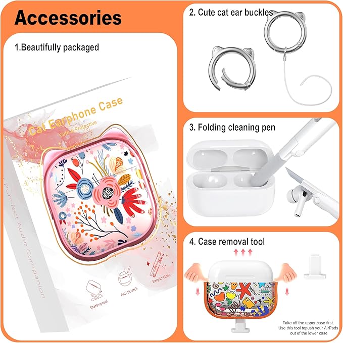 RFUNGUANGO AirPods Pro Case for Women Girly Cat Case with Lock, Phone Stand, Keychain & Cleaner Kit, Compatible with Apple Airpods Pro 2nd/1st Generation Case Cover, Orange Graffiti