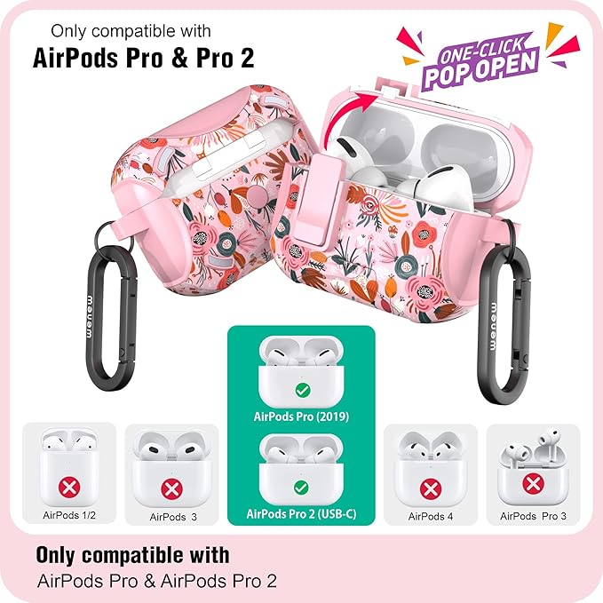 wenew Compatible with AirPods Pro 2nd/1st Generation Case Cover with Phone Stand, Cleaner, Clip, Compatible with Magsafe, One-Click Pop Open Lock iPod Pro Charging Case (Pink 1, AirPods Pro & Pro 2)