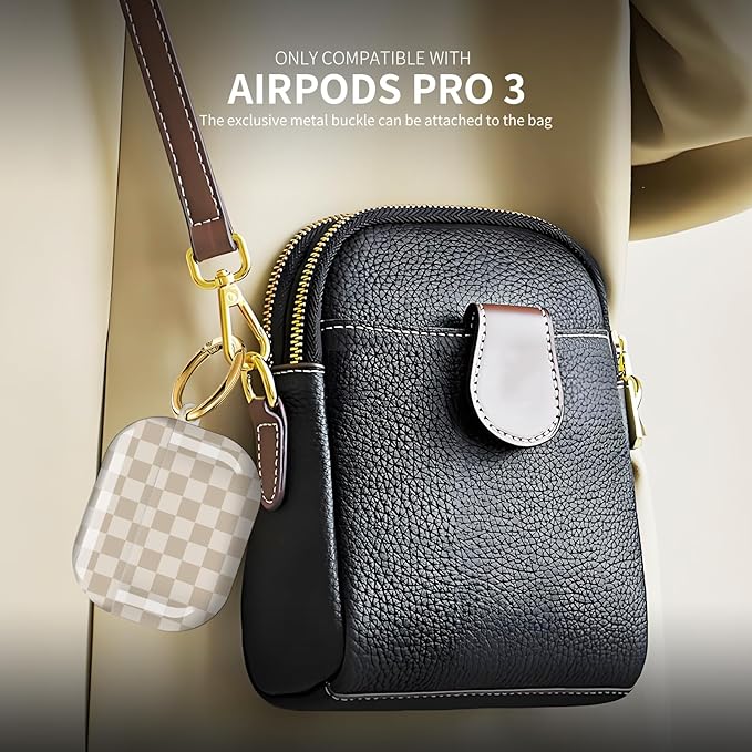 Compatible with AirPod Pro 3 (2025),Cute Case Cover for Women & Men, Full Protection Shockproof Hard Case with Keychain, Wireless Charging Case Accessories(Khaki Checkerboard)