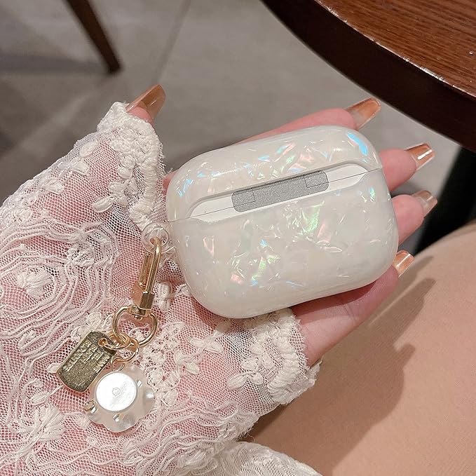 Cute Case for Airpod Pro 2 with Keychain Elegant Flower Luxury Glitter Pearl Marble Protective Cover Compatible with AirPods Pro 2019 2022 2023 Case for Girls Women (White Rose)