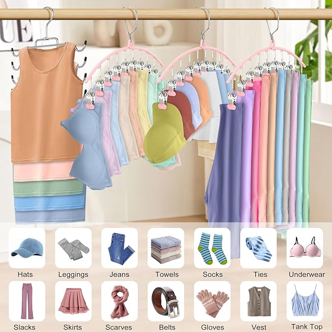 4 Pack Legging Organizer for Closet Hanging, 3 Pants Leggings Hangers with 30 Clips, 1 Tank Top Hanger Space Saving Hangers Closet Organizers and Storage for Pants Skirts Bra, Pink