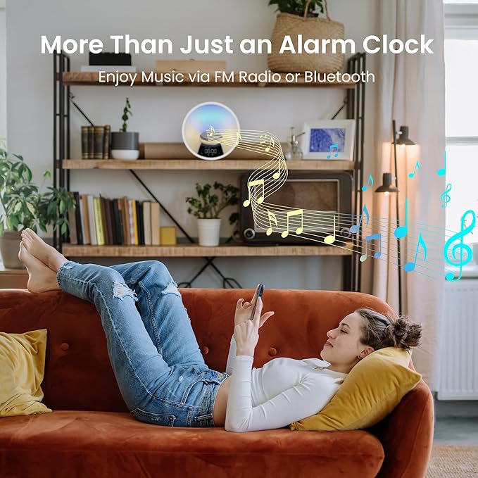 HOM Smart Sunrise Alarm Clock with Wake-Up Light & FM Radio - Digital Clock and Lamp with 7 Natural Sounds and 7 Light Colors - Easy Control via Amazon Alexa and Google Home