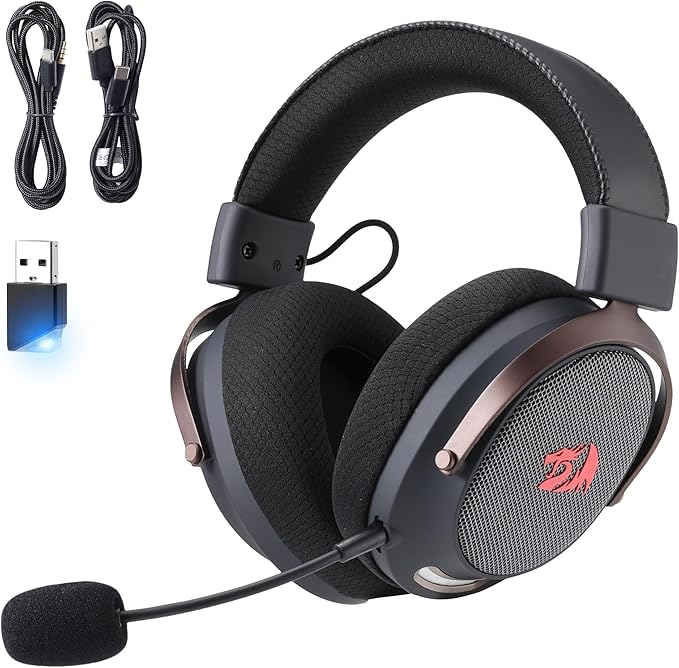 Redragon H858 3-Mode Wireless Gaming Headset, 7.1 Surround Sound, 53 mm Drivers, Memory Foam Ear Pads, Detachable Noise-canceling Microphone, Over-Ear Headphones Works for Phone, PC/PS5/NS, Black
