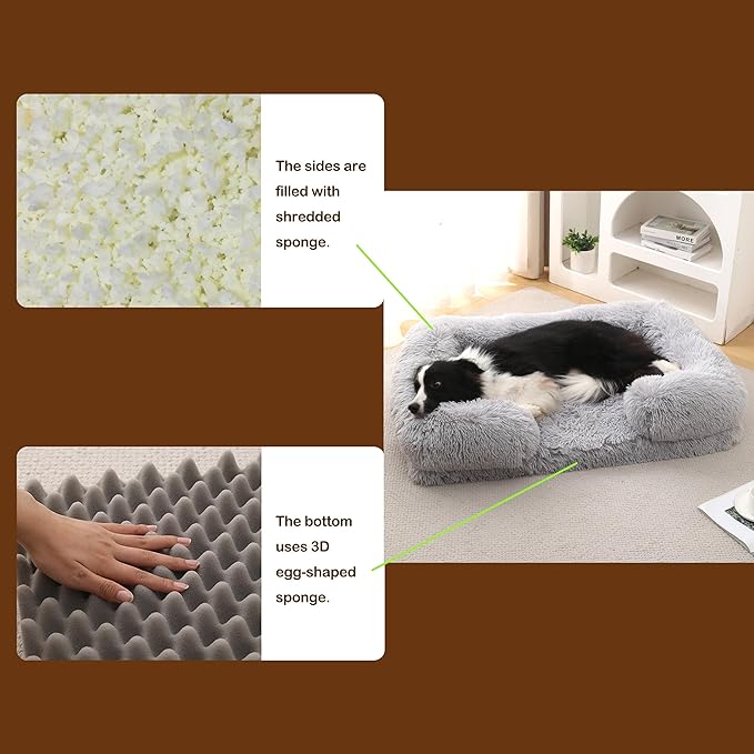 Orthopedic Dog Bed for XXL Dogs - Washable Memory Foam Pet Sofa, Fluffy Plush Rectangular Bed, Waterproof Anti-Anxiety Couch, Light Gray, XXL