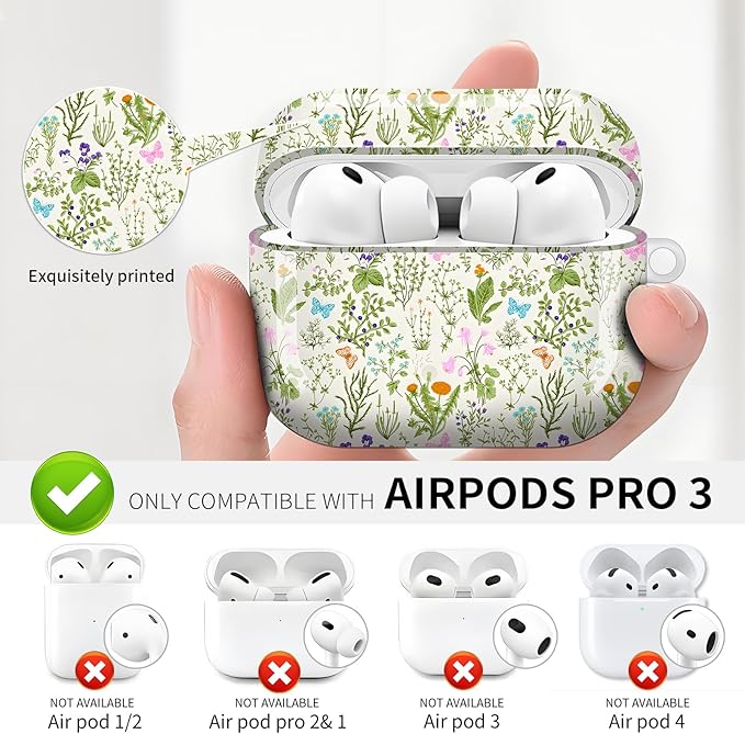 Compatible with AirPod Pro 3 (2025),Cute Case Cover for Women & Men, Full Protection Shockproof Hard Case with Keychain, Wireless Charging Case Accessories(Flowers Butterfly Plants)