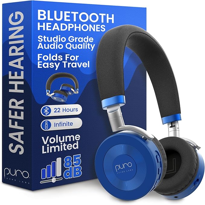 Puro Sound Labs Bluetooth Headphones for Kids - Volume-Limited, Adjustable On-Ear Design, 22-Hour Battery Life - Wireless Headphones for Tablets, Smartphones & PCs – JuniorJam Plus, Blue & Pink