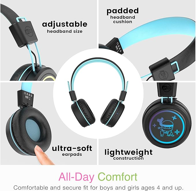MEE Audio KidJamz KJ55BT Bluetooth Wireless Safe Listening Headphones for Children with LED Lights, 85dB Volume Limiter, Microphone, & 40h Battery; Kids Headset for School/iPhone/iPad/Tablet (Black)
