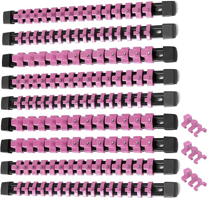 ALOANES 9PC ABS Socket Organizer, Socket Rails Fit 1/2 inch, 3/8 inch and 1/4 inch Drive, Heavy Duty Socket Holders Hold up to 129 Sockets, Black Rails with Pink Clips