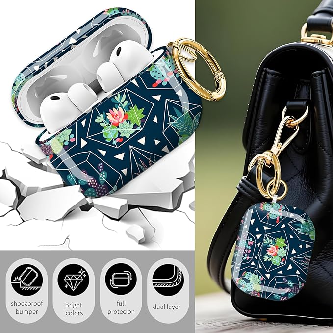 Cute Hard Case Compatible with AirPods Pro 3rd Generation Case (2025), Shockproof Protective Cover with Golden Keychain Ring Clip (Cute Succulents and Cactuses)