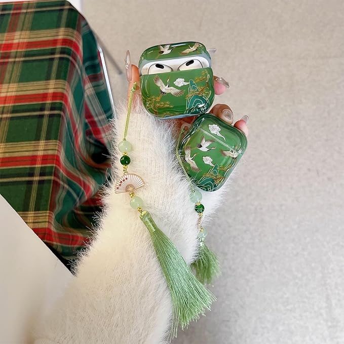 Compatible with AirPods 3 Case Soft with Cleaner Kit Keychain Cute Lucky Elegant Crane Cover for Girls Women Airpods 3rd Generation -Green