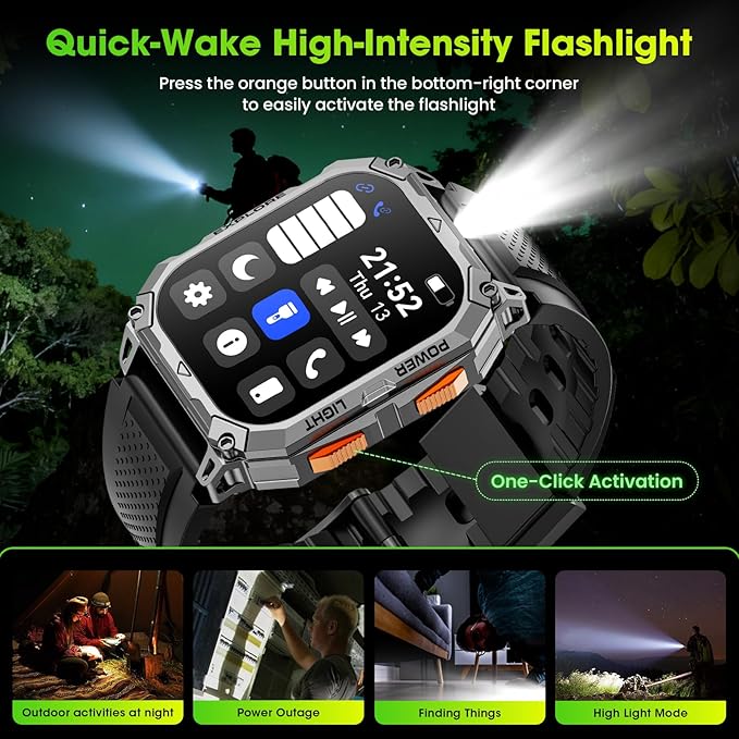 Smart Watches for Men, 2.01" HD Military Smart Watch with 1000mAh High-Capacity Battery/Led Flashlight/Answer/Make Call/Heart Rate/Sleep Monitor/Step Tracker, Fitness Tracker for Android/iPhone