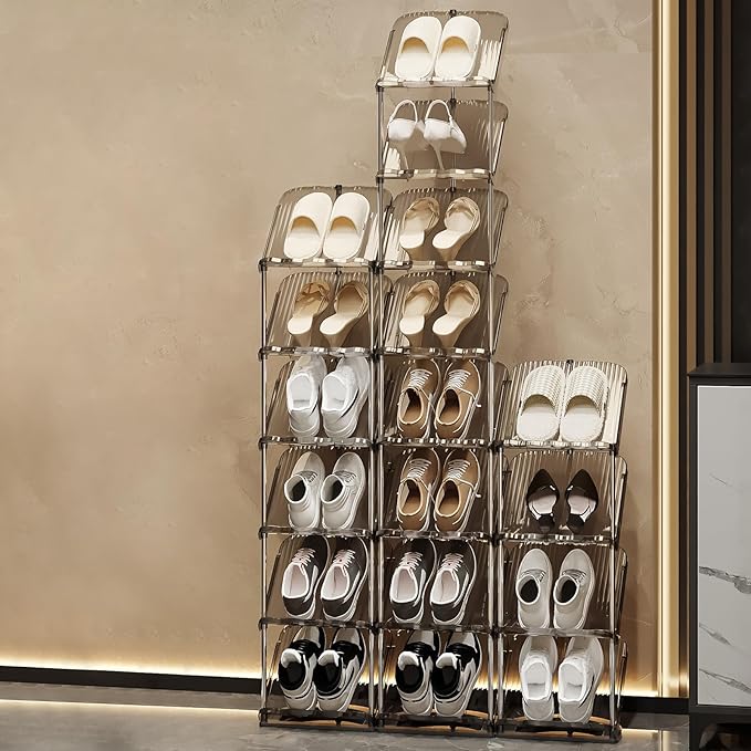 YYW Narrow Shoe Rack Vertical Shoes Rack for Entryway Corner Shoe Storage Organizer for Small Spaces Transparently Tall Slim Shoe Shelf for Front Door Entrance Living Room Grey 2 Layers