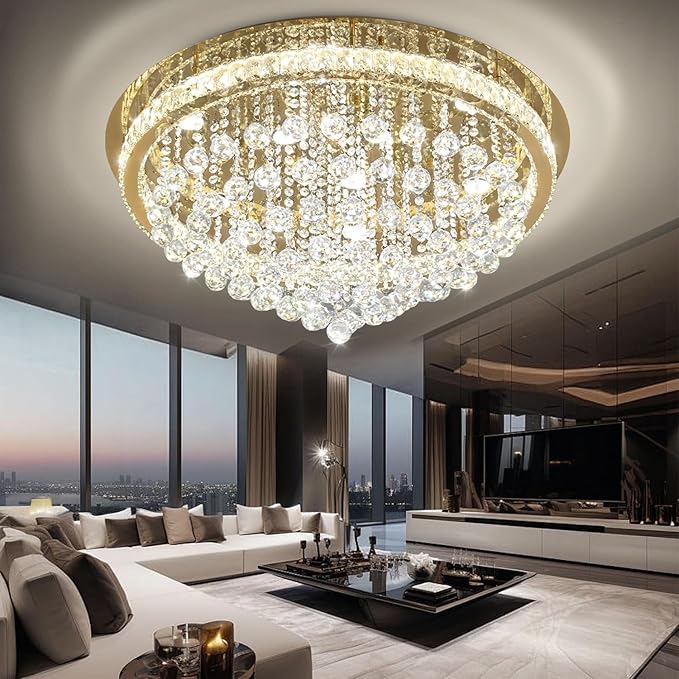 Dia 32" Modern Crystal Chandeliers for Dining Room,Gold Raindrop Chandelier Flush Mount Chandeliers for Living Room Bedrooms Dining Room Dimmable 2700k 4500k 6000k