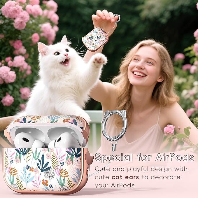 for AirPods Pro 2 Case with Cleaning Kit, Cute Cat Ear Print Design & Cute Buckle for Girls, Phone Holder & Top Safe Lock Buckle Design for AirPods Pro 2nd/1st Gen case, Rose Gold Leaves