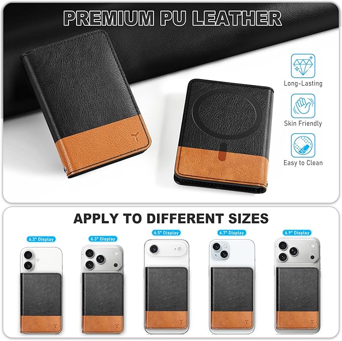 TUCCH for Magsafe Card Holder with Clear ID Window, Fit 6 Cards, RFID Blocking PU Leather Magnetic Phone Wallet for iPhone 17/16/15/14/13/12/Plus/Air/Pro/Pro Max Series, Textured Black & Light Brown
