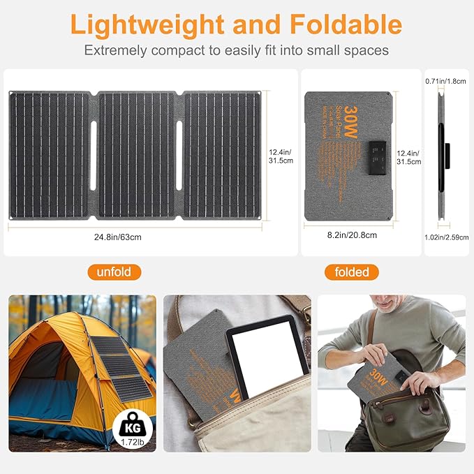 Portable Foldable Solar Panel Kit 30W 18V ETFE Solar Panels Charger with USB 3.0, Type-C and DC Outputs Fast Charging Compatible with iPhone, iPad, Power Banks, IP67 Waterproof for RV Camping Off-Grid
