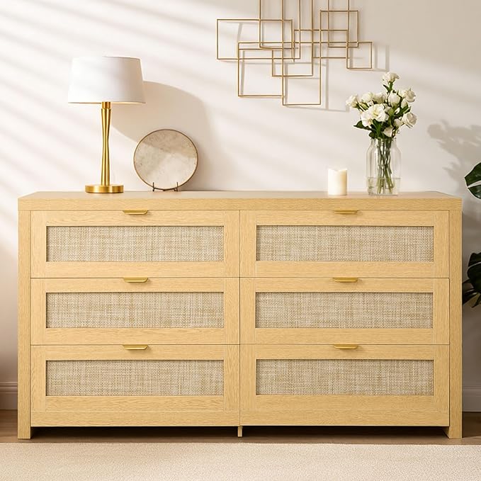 VEVOR Large Dresser for Bedroom, 57" Wide Rattan Dresser 6 Drawer, Wooden Modern Dressers Chest of Drawers with Metal Handle, Clothes Closet Storage Organizer Boho TV Stand for Living Room,Natural Oak