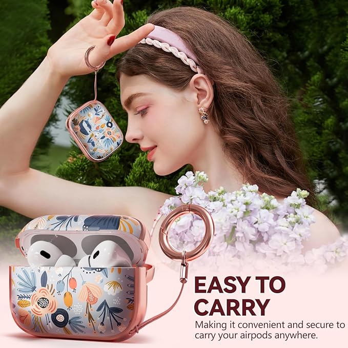 Inesore for AirPods Pro 2nd Generation Case Cover with Lock, Flowers Cute Air Pods Pro 2 Case Hard iPod Pro Cases for Women Girls with Cleaner Kit (2023 USB-C /2022/2019) -Blue Flower