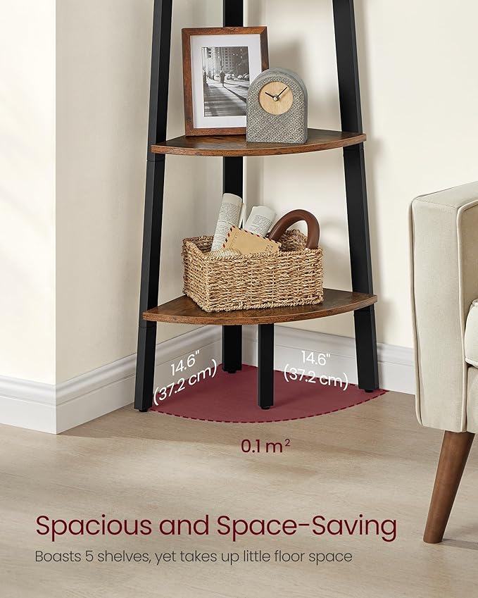 VASAGLE Corner Shelf Stand, 5-Tier Corner Bookshelf, Industrial Ladder Shelf, Plant Stand for Living Room, Office, Kitchen, Rustic Brown and Black ULLS35X