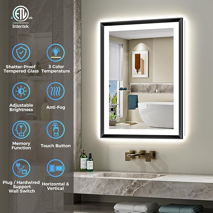40x32 Black Framed LED Bathroom Mirror with Lights, Backlit and Front Light, Lighted Bathroom Vanity Mirror for Wall Dimmable Anti-Fog Memory Tempered Glass Horizontal/Vertical