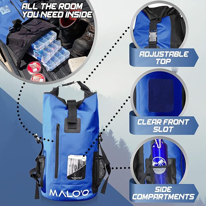 Malo?™o DryPack 30L Waterproof Backpack, Roll-Top Dry Bag Backpack with Padded Straps, Floating Design for Beach, Kayaking, Fishing, Boating, Travel, and Water Sports, Dark Blue
