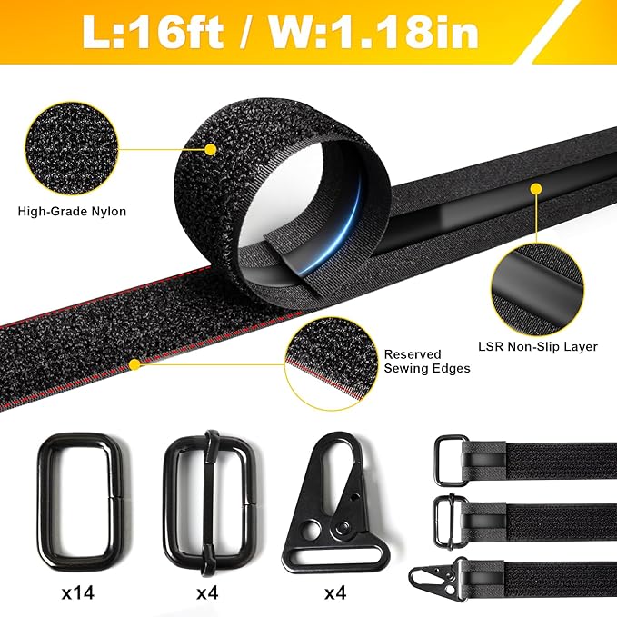 1.18" x 16' Heavy-Duty Anti-Slip Cinch Straps, 22 Buckles, Black Nylon Hook-and-Loop, Reusable for Garage, Cable Management and Outdoor