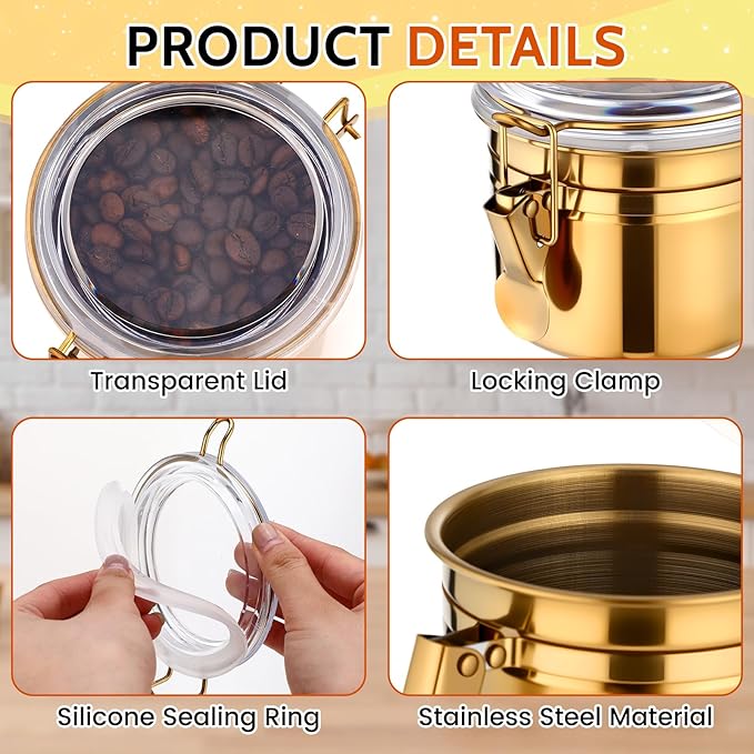 6 Pcs Stainless Steel Food Storage Containers Set Airtight Kitchen Canisters Coffee Jar with Clear Lid and Locking Clamp for Coffee Bean, Tea, Flour, Sugar, Cookie Storage (17 oz)