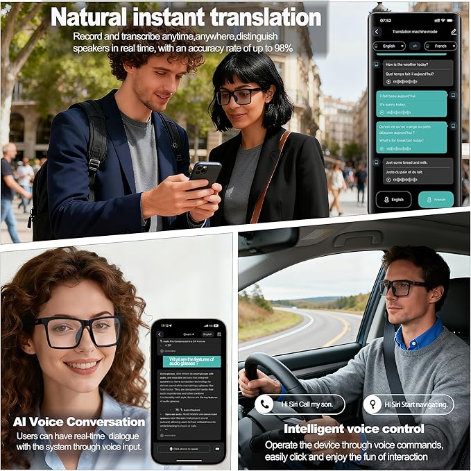 AI Smart Wireless Bluetooth Translation Glasses for Men/Women with Speakers/Bluetooth&140+ Languages Translation Sports/Travel/Drive/Busniess (C2+AI+Color Change Lenses+Black)