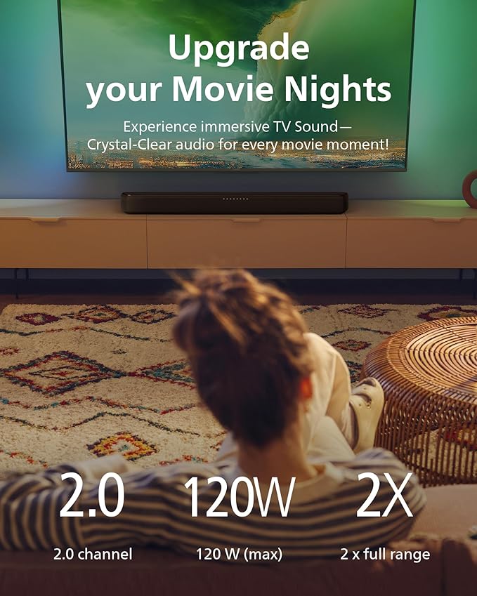 Philips B5109 2.0 Channel Bluetooth Soundbar - HDMI ARC, Dolby Digital Plus, DTS Virtual:X, Roku TV Ready, 120W Max Power, Dark Grey