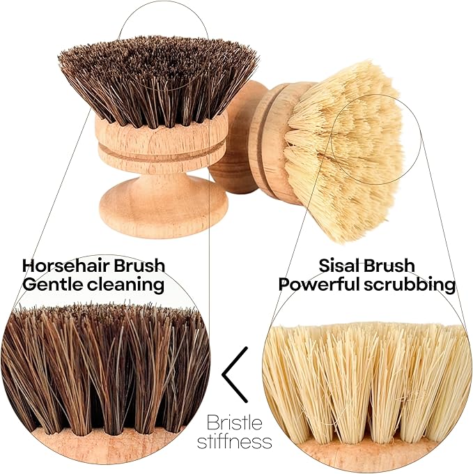 Dish Brush with Handle | 2-in-1 Natural Wooden Brush Set with Detachable Long & Short Handle | Vegetable Brush with Horsehair & Sisal Bristles for Dishes, Pots, and Kitchen Cleaning