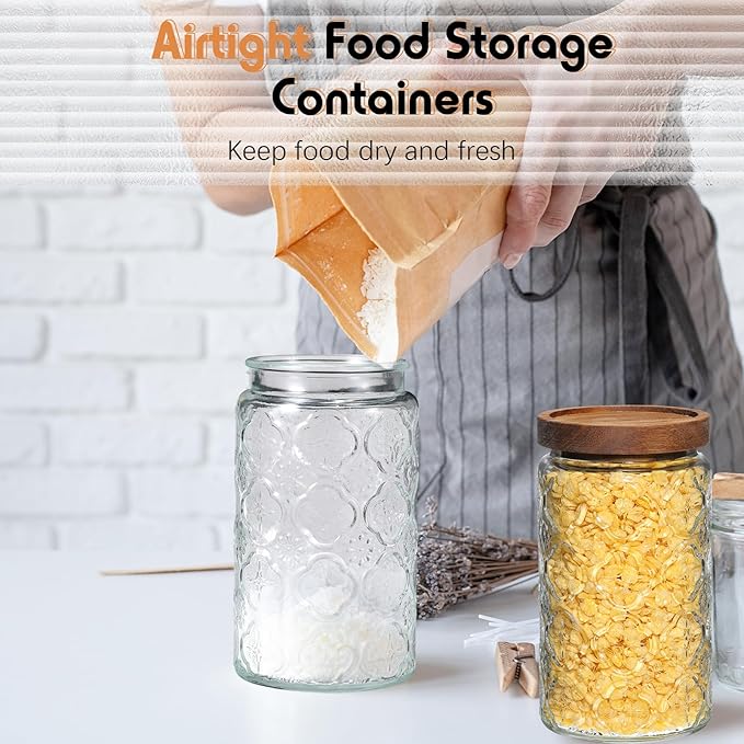 Domensi 6 Pcs Vintage Glass Jars 34 oz Glass Storage Jars with Lids Begonia Pattern Airtight Storage Jars for Kitchen Counter, Pantry, Coffee Bean, Grains, Tea, Sugar, Flour, Candy, Oats