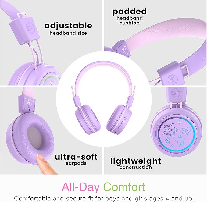 MEE audio KidJamz KJ55BT Personalized Bluetooth Wireless Safe Listening Headphones for Kids w/Custom LED-Backlit Design, Volume Limiter, Mic; Kids Headset for School/iPhone/iPad/Tablet (Lavender)