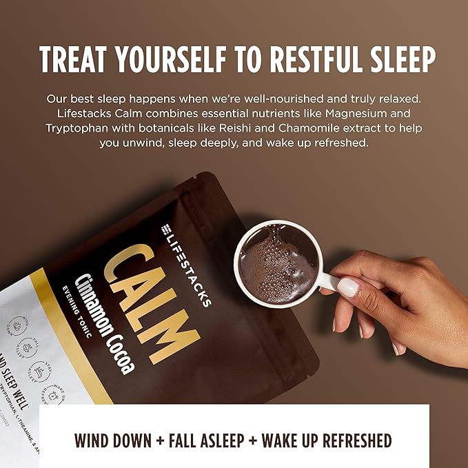 Calm Evening Tonic Sleep Powder - Cinnamon‑Cocoa Nighttime Superfood Drink Mix - Magnesium, L‑Theanine, Reishi Mushroom & L‑Tryptophan for Deep Sleep & Recovery, No Grogginess - 5 Servings