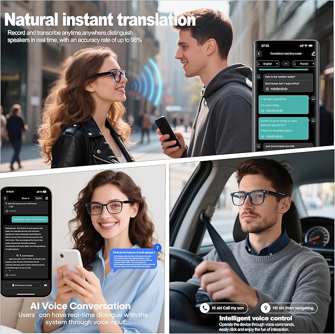AI Smart Wireless Bluetooth Translation Glasses for Men/Women with Speakers/Bluetooth&140+ Languages Translation Sports/Travel/Drive/Busniess (C3+AI+Color Change Lenses+Black)