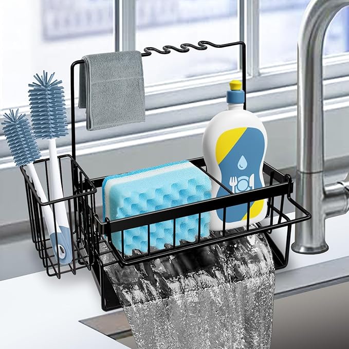Yazoni Sponge Holder for Kitchen Sink, Rustproof Kitchen Sink Organizer Countertop Holder with High Brush Holder, Multifunctional Soap Dispenser Kitchen Organizers and Storage Essentials