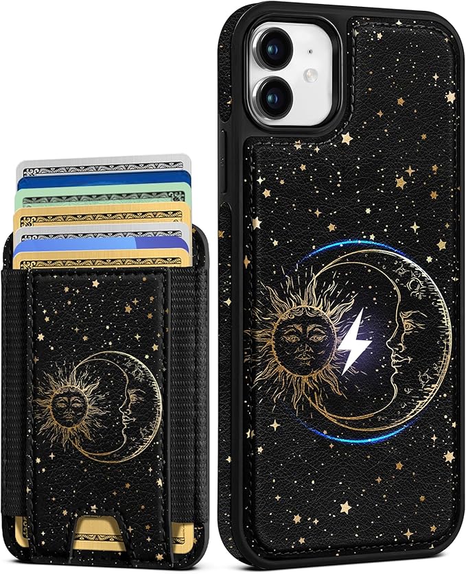 Shorogyt for iPhone 11 Wallet Case - Fits 5 Cards, Compatible with Magsafe Detachable Magnetic Credit Card Holder Leather Cardholder Cute Phone Cover Women Girls for Apple 11, Sun Moon