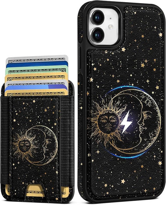 Shorogyt for iPhone 11 Wallet Case - Fits 5 Cards, Compatible with Magsafe Detachable Magnetic Credit Card Holder Leather Cardholder Cute Phone Cover Women Girls for Apple 11, Sun Moon