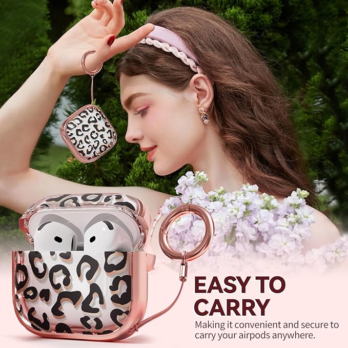 Inesore with Safety Lock for AirPods 4 Case,Clear Floral Cute AirPod 4th Generation Case for Women Girly with Cleaner Kit and Keychain-Black+Gold Leopard Print