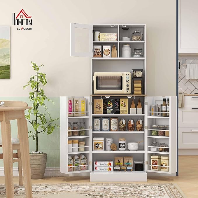 HOMCOM 67" Kitchen Pantry Cabinet with Microwave Shelf, Adjustable Shelves & 8 Door Storage, Modern Compact Kitchen Hutch, Freestanding Food Storage Cabinet with Glass Door for Dining Room, White
