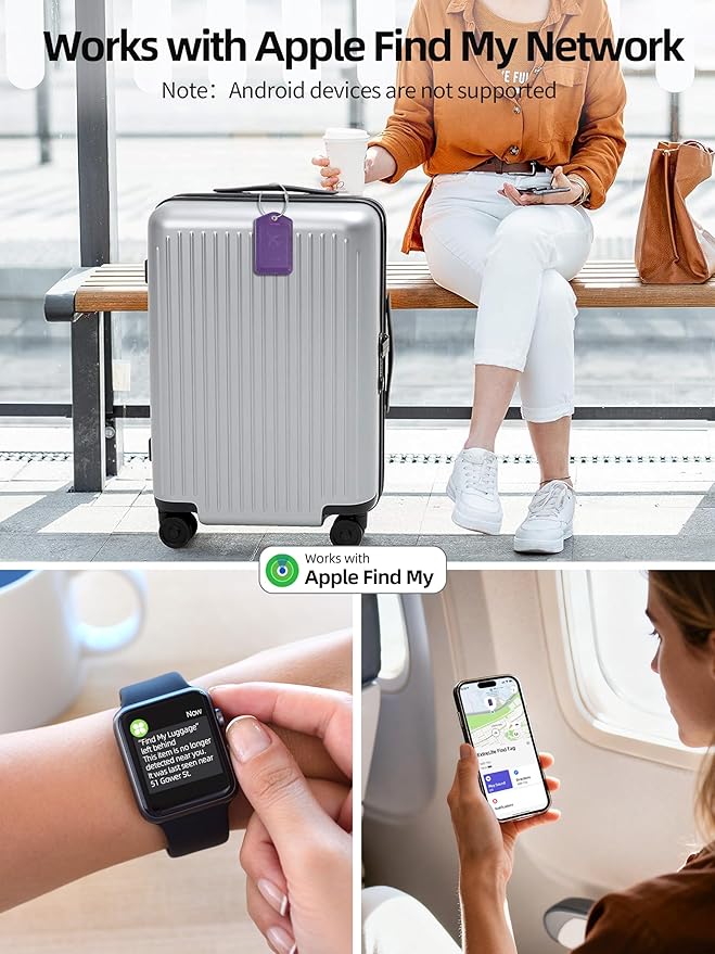 Luggage Tags, Works with Apple Find My, Leather Luggage Tag for Suitcases, Travel Tags, Bag Tag, Suitcase Tag with Privacy Flap, Anti-Lost Smart Luggage Tracker, Travel Essentials, Elegant Purple