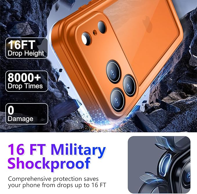 Temdan Compatible with iPhone 17 Pro Case,Waterproof Built-in Screen & Camera Protector IP68 Underwater Full Body 17FT Military Dropproof Shockproof Phone Case 6.3"-Orange/Clear
