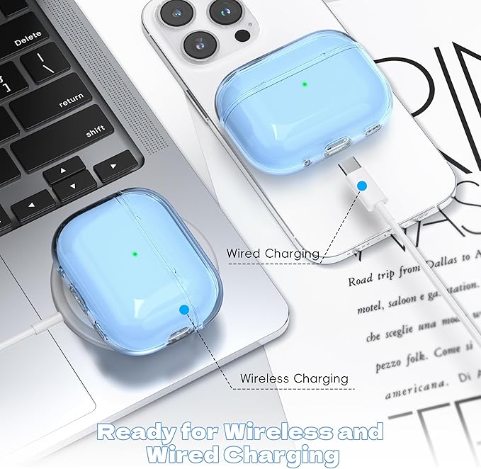 Airpods Pro 2nd/1st Generation Case Cover, Compatible with Airpods Pro Case 2nd Gen USB C Charging Port, Clear Soft Transparent Military Grade Shockproof Case, Clear Blue