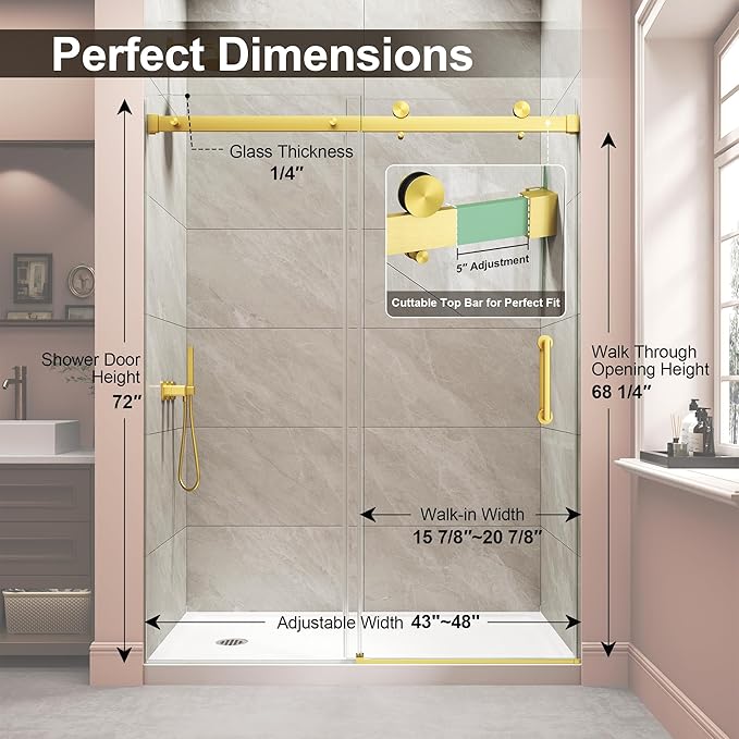 Frameless Shower Door,Single Sliding Glass Shower Door with Nano Coating & Safety Film, Adjustable 43"-48" W x 72" H, Brushed Gold,1/4" (6mm) SGCC Tempered Glass
